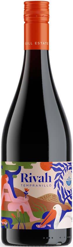 gill estate rivah tempranillo wine with a colourful label featuring people and animals on a white background