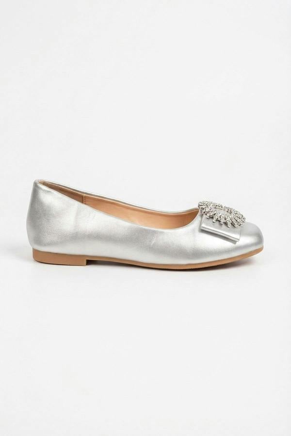 Sophie Womens Rhinestone Circle Buckle Ballet Flats - Silver