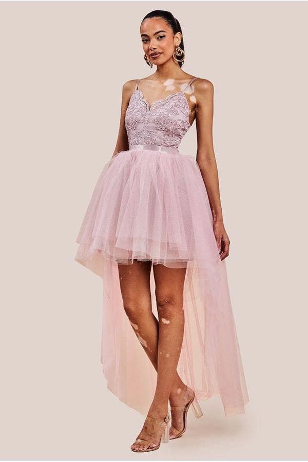 High Low Tulle Mini With Lace Bodice - Blush DR3061
