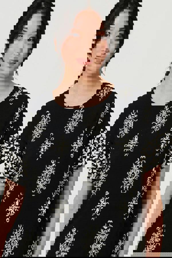 Black | Border Print Knee Length Short Dress