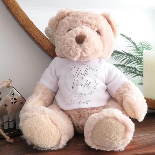 Personalised Hello World Silver Circle Baby Gift Box - Teddy & Vest