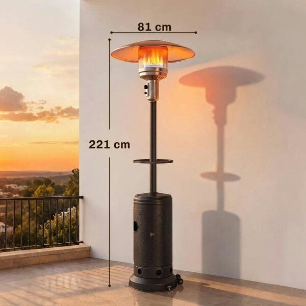 Bobobiy Gas Patio Heater with Table Tray, 13 kW Portable Propane Outdoor Heater with Piezo Ignition, Tip-over Protection, Brown