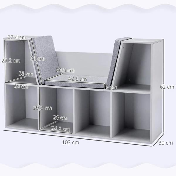 Gray kids bookcase cabinet with six cubbies and cushioned seat, size diagram view
