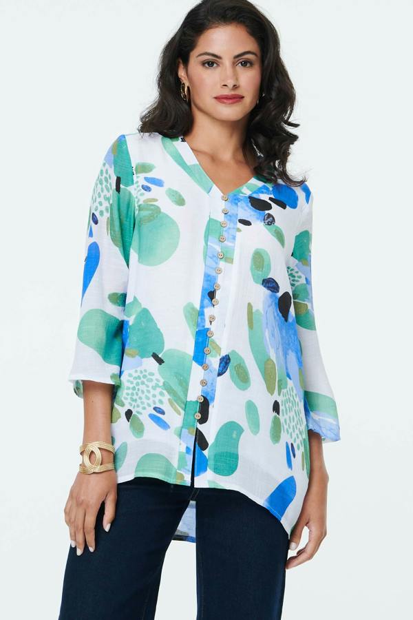 Blue | Abstract Relaxed 3/4 Sleeve Tunic Blouse
