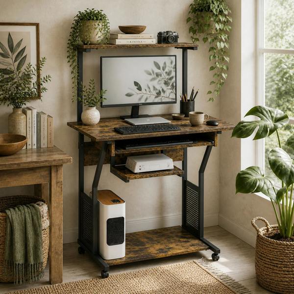 Wyld Haus Nisuke 80cm Brown And Black Work Home Office Desk With Sliding Keyboard Tray And Storage
