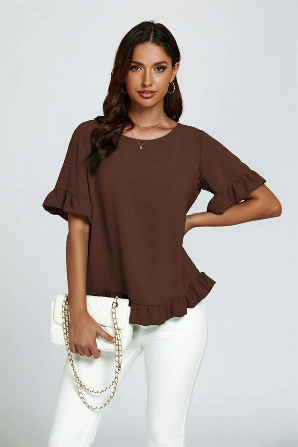 FS Collection Frill Detail Short Sleeves Top In Brown