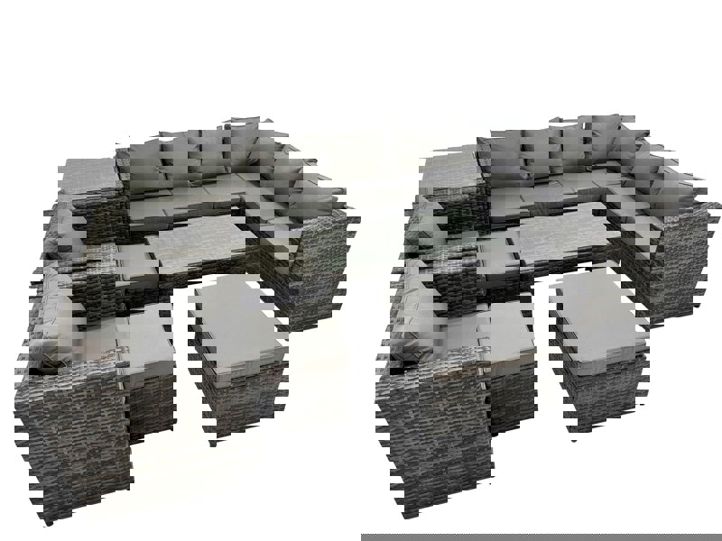 Fimous Outdoor Rattan Oblong Coffee Table Corner Sofa Sets Garden Furniture Set with 2 Chairs 3 Stools Side Table Dark Grey Mixed