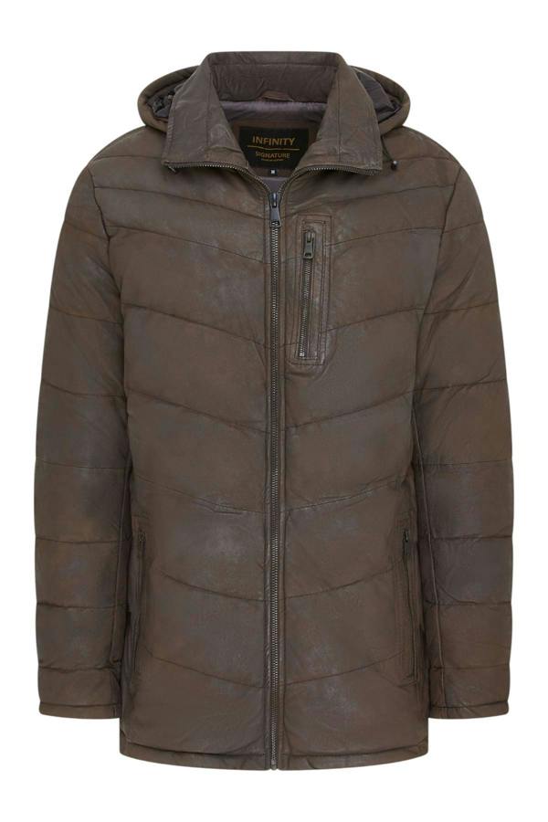 Infinity Leather Men's Leather Quilted Jacket Hooded Puffer Winter Coat - Olyic