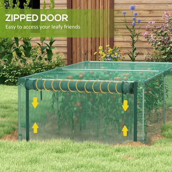Green plant protection cage with mesh walls and front zip door for easy plant access.