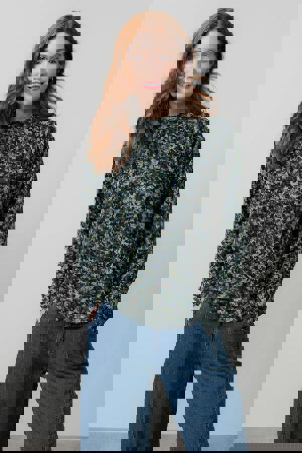 Lily & Me Bayberry Batwing Floral Print Top Green