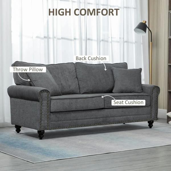 Grey fabric 3-seat sofa with nailhead trim, back cushions, seat cushion, and throw pillow