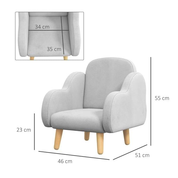 Grey toddler armchair size diagram showing seat and arm dimensions