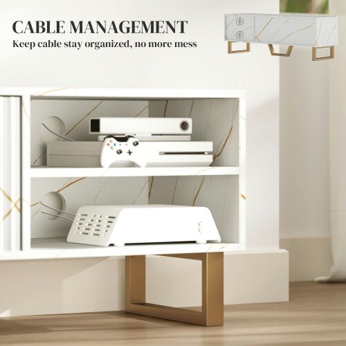 Wyld Haus Veriri 140cm White Marble and Gold Effect TV Unit With Fluted Doors For Screens Up To 70 Inches