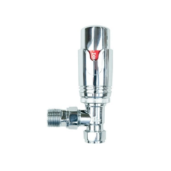 Chrome thermostatic radiator valve with a sleek, shiny finish, featuring a red temperature indicator and durable metal construction