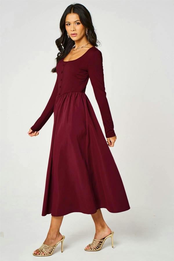 FS Collection Burgundy Square Neck Button-Front Long Sleeve Midi Dress