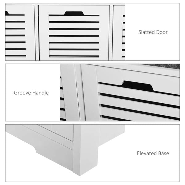 White shoe storage bench detail with slatted drawer panels and groove handles