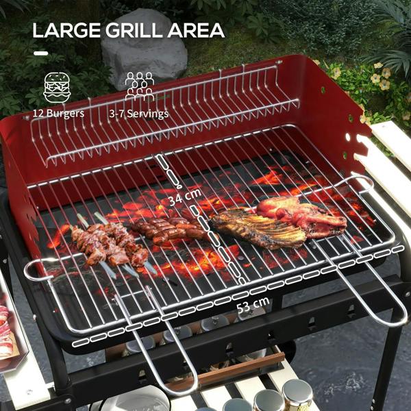 Red charcoal grill with open lid showing burgers and meat on the cooking grates