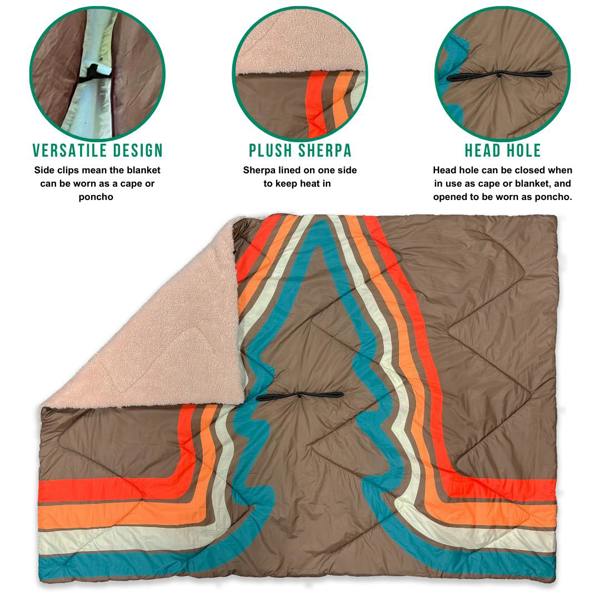 Flat image of the tree tops design insulated Outdoor Blanko, Design is a Vivid Spruce in Bronze with Oranges and Greens stripes in the shape of a fern tree, showing the sherpa fleece lining. there are 3 smaller images one showing the toggles, one showing the Poncho feature that make this a versatile outdoor blanket to wrap around or over the head as a poncho. imageset:Vivid Spruce
