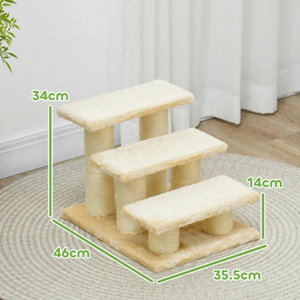 Beige 3-step pet stairs ladder with three platforms, viewed from above