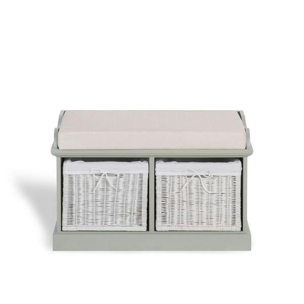 Statement Furniture Tetbury Bench with 2 White Wicker Baskets and Cushion Seat