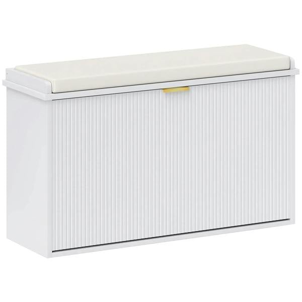 White shoe bench with cushioned top seat and ribbed front cabinet door