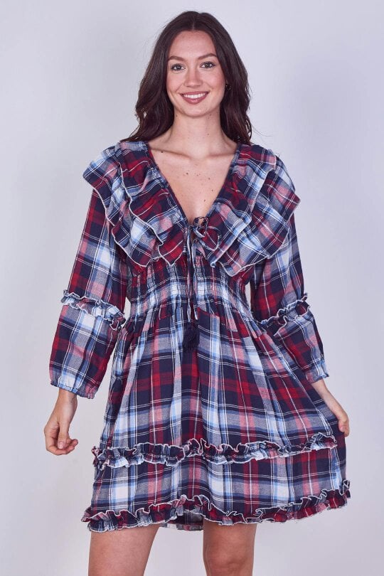 Frill Detail Check Smock Dress - Red - Onesize (8-14)