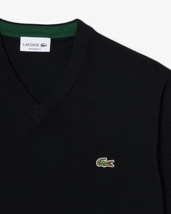 Lacoste Monochrome Jersey Mens V Neck Sweater - Black 031 | CHO | Designer Mens Sweatshirts