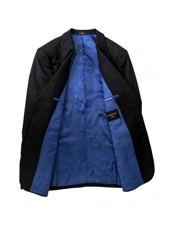 Black PAMONI 3-piece suit with two-button jacket, matching trousers and vest, shown on a hanger.