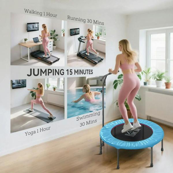 Blue mini trampoline for exercises, shown in a room with handle and black mat