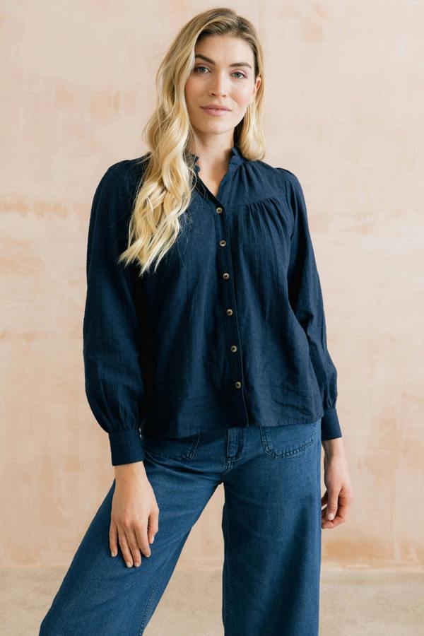 Lily & Me Wayfaring Embroidered Cotton Blouse Navy