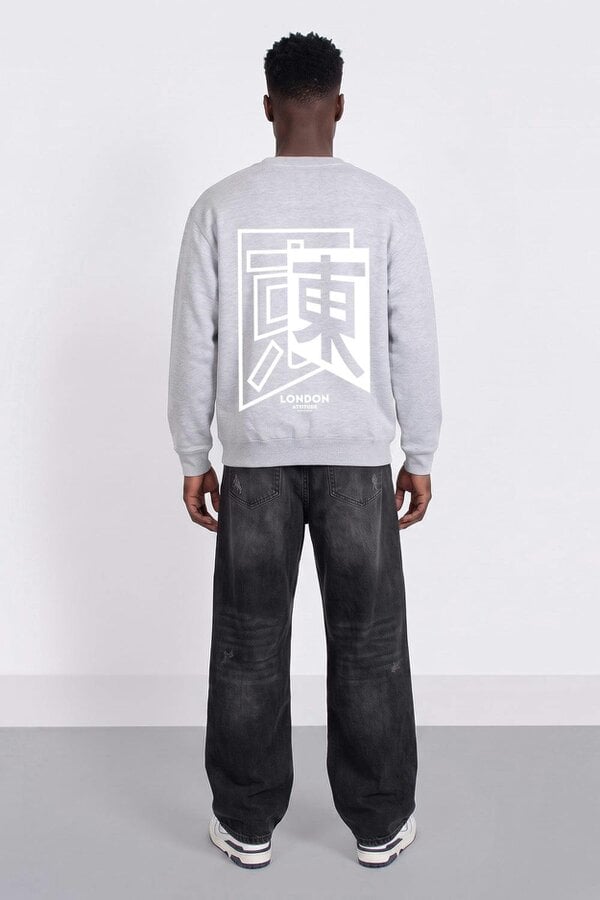 London Attitude Relaxed Fit Japanese Inspired Graphic Sweatshirt - Heather grey