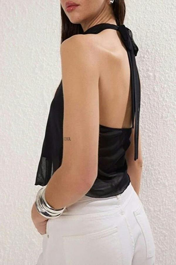 WOVCOR Tie-Up Knitted Tulle Party Blouse