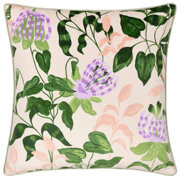 Wylder Piped Velvet Passion Flower Cushion Cover - Peach/Vine Green - 