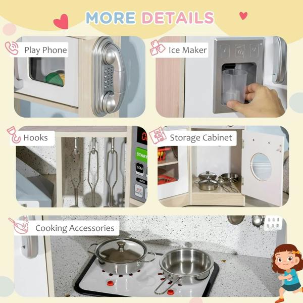 Kids kitchen playset with hooks, cooking accessories, and storage cabinet openings
