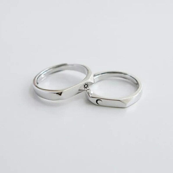 The Colourful Aura Flat Top Moon and Sun Promise Couple Matching Ring Set