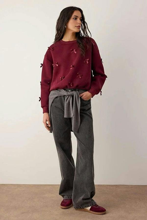 WOVCOR Thick Fleece Knitted Sweatshirt with Ribbon Detail