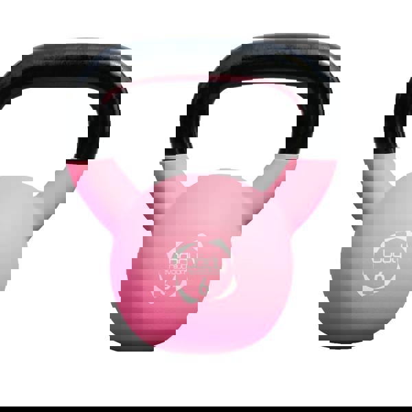 Pink 6kg neoprene kettlebell with a black handle, featuring a smooth texture and the Body Revolution logo on the front