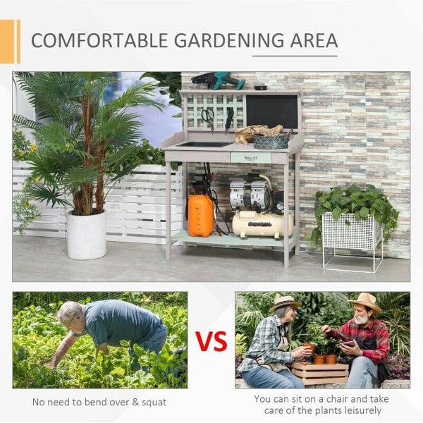 Garden Potting Table with Sink, Blackboard and Drawer, Wooden Planting Work Bench Workstation Outdoor Tool Storage Shelves