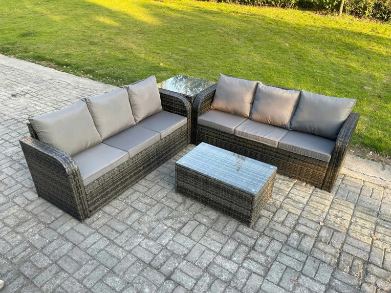 Fimous Outdoor Garden Furniture Sets 6 Seater Wicker Rattan Furniture Sofa Sets with Rectangular Coffee Table 3 Seater Sofa Side Table