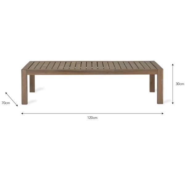 Front view of a rectangular outdoor coffee table with overlay dimensions showing H30cm x W120cm x D70cm.