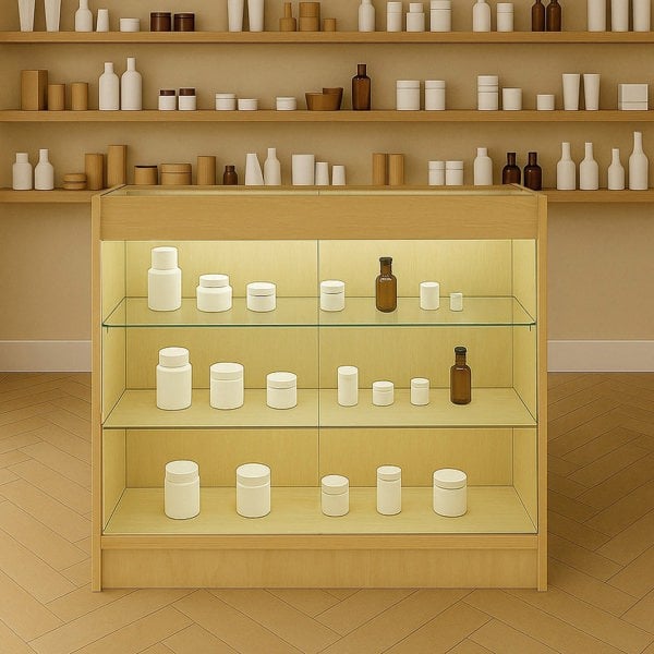 LED Retail Shop Counter K900 in maple finish with glass shelves displaying various white and brown containers against a neutral backdrop