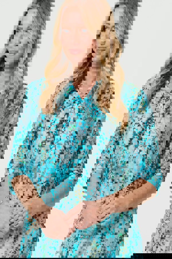 Turquoise | Printed 3/4 Sleeve Relaxed V-Neck Blouse
