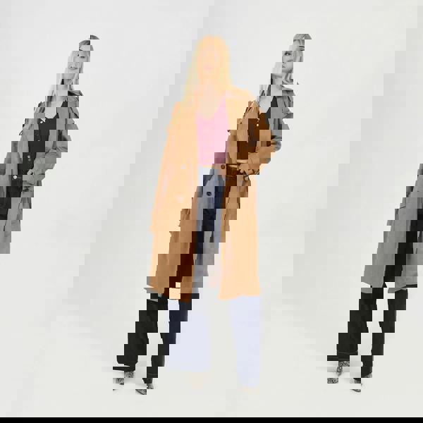 Brave Soul Tan Faux Suede Double Breasted Trench Coat - Tan Image 3