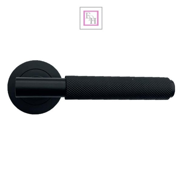EDH Door Hardware Knurled Door Handles on Round Rose – Polished Chrome, Matt Black & Satin Nickel