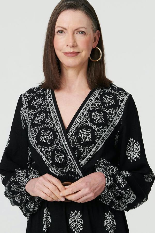 Black | Border Print Belt Waist Maxi Dress