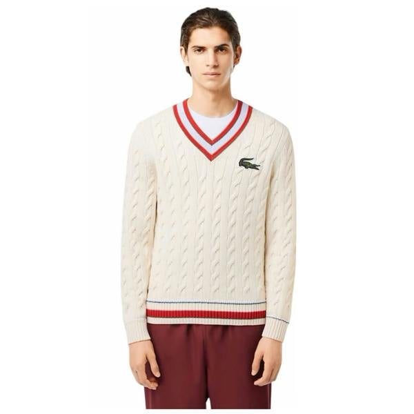 Lacoste Unisex Adult Cable Knit Ribbed Cuff Regular Sweater Top - Cream/Red - 