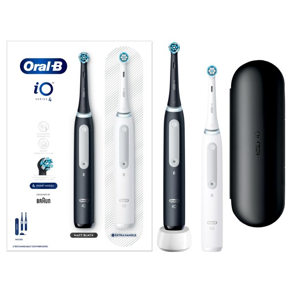 Oral-B iO 4 Dual Pack Electric Toothbrushes, 2 Toothbrush Heads, 1 Travel Case - Black & White