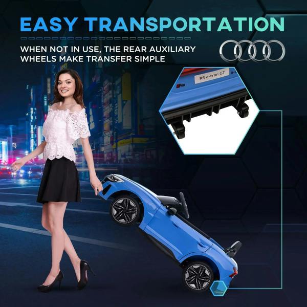 Blue kids electric ride-on car with rear auxiliary wheels for easier transport