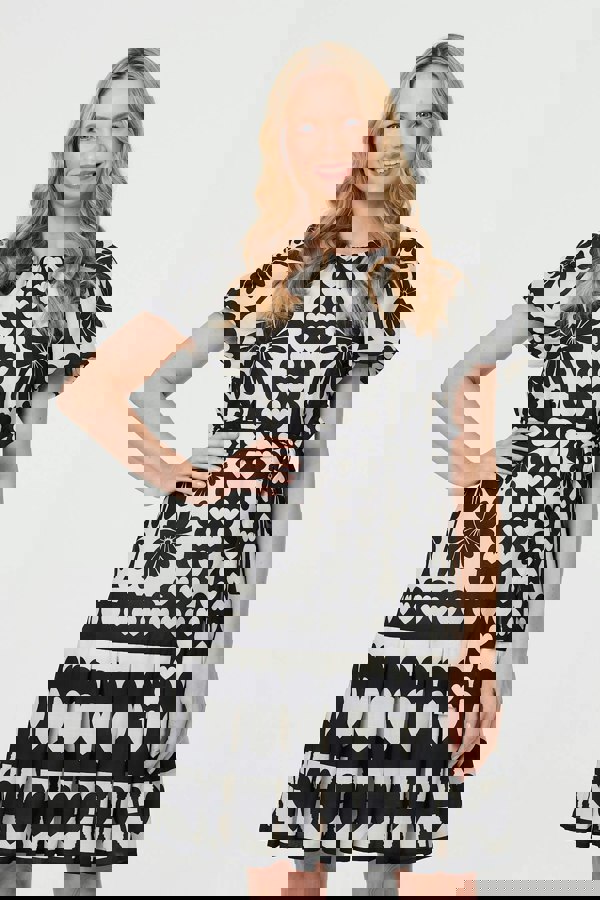 Black | Heart Print Tie Waist Short Skater Dress
