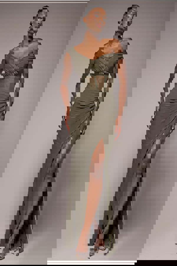 Off The Shoulder Corset Waist Mesh Wrap Skirt Soft Touch Maxi Dress - Khaki Green DR4865